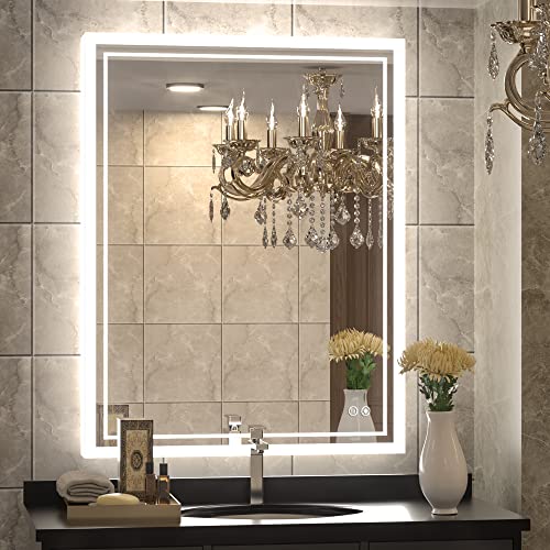 Free Shipping Offer TokeShimi LED Bathroom Mirror with Lights 36 X 28 inch Frontlit and Backlit Decor 3-Color Vanity Make-up Mirror with Light Anti-Fog & Dimmer Touch Switch Adjustable Lights Mounted Fashion Waterproof