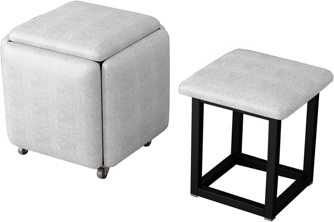 5 in 1 Nesting Ottoman Pouf Cube Chair Stackable Sofa Chair Pouf Stool Nesting Ottoman Stool with Wheels, Space-Saving Metal Frame Foot Rest for Living Room, Dining Room, Bedroom, Small Spaces
