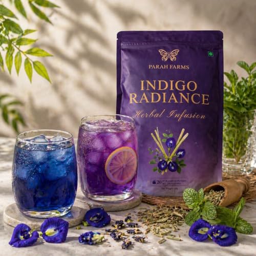 Image of Parah Farms Butterfly Pea Flower Tea Bags | Indigo Radiance Herbal Tea | Blue Tea with Lemongrass & Mint | Color Changing Herbal Tea | Caffeine-Free | 20 Biodegradable Tea Bags