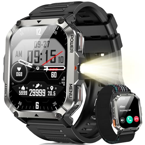 Blackview Reloj Inteligente Hombre Militar - Linterna y Brújula, 2.01'Smartwatch Hombre con 100+ Modos Deportivos, Llamadas Bluetooth/Notificación, Pulsómetro/Oxímetro/Sueño, Pulsera Actividad(W70Pro)