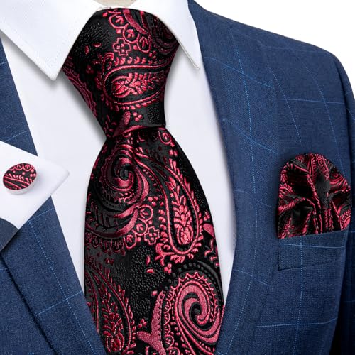 Image of DiBanGu Mens Paisley Tie Set Silk Woven Jacquard Necktie and Pocket Square Cufflinks Gift Set for Wedding Bussiness