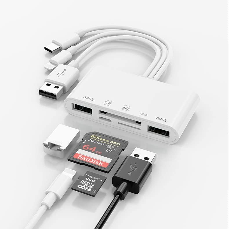 5 in 1 Universal Portable OTG Micro SDHC SDXC SD TF Multiple Memory Card USB Reader Adapter Charger USB, Ligtng, Type C ports for iOS, Android, Samsung, Tablet, Phone, Pad, McBook, Keyboard, Camera