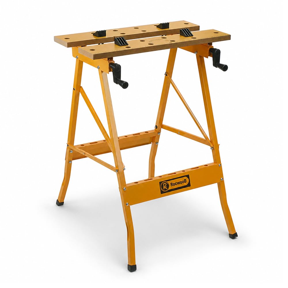 RocwooD Folding Workbench 100KG Capacity Non-Slip Rubber Feet Heavy Duty Steel Woodwork DIY Carpentry Saw Horse Foldable Design Easy Storage Adjustable Surface