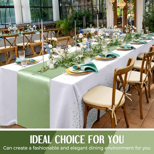 Image of Breling 24 Pack White and Sage Green Disposable Plastic Tablecloths and Satin Table Runner Set, 54 x 108 Inch Tablecloth, 12 x 108 Inch Table Runners for Wedding Graduation Birthday Baby Shower