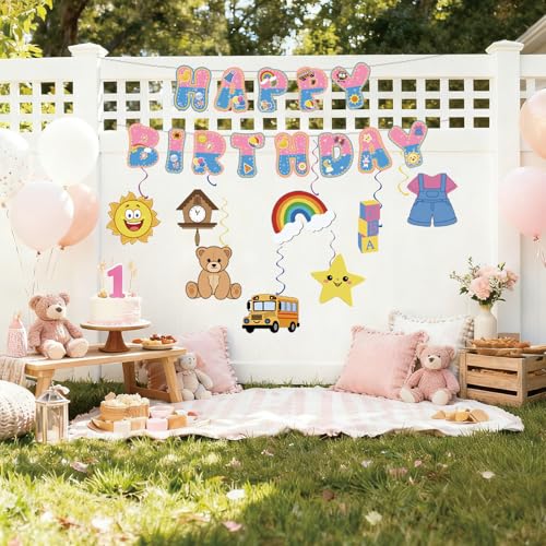 Image of Pink Blue Birthday Decorations - Cute Cartoon English Teacher Banner Garland Bunting with 8 Style Hanging Swirls for Little Girls Birthday Party Supplies