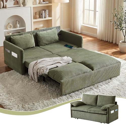 CAPCAEK Queen Size Pull Out Couch, Sleeper Sofa Bed Queen with USB, Storage Pockets & Pillows, 3-in-1 Modern Convertible Loveseat Couch Bed for Living Room Bedroom, Office, Apartment, Corduroy(Green)
