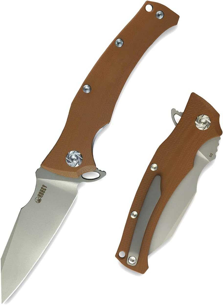 KUBEY KU214 Folding Knife 3.5” Carbon Steel and G10 Handle with Pocket Clip for Hiking Camping and Outdoor (Tan)