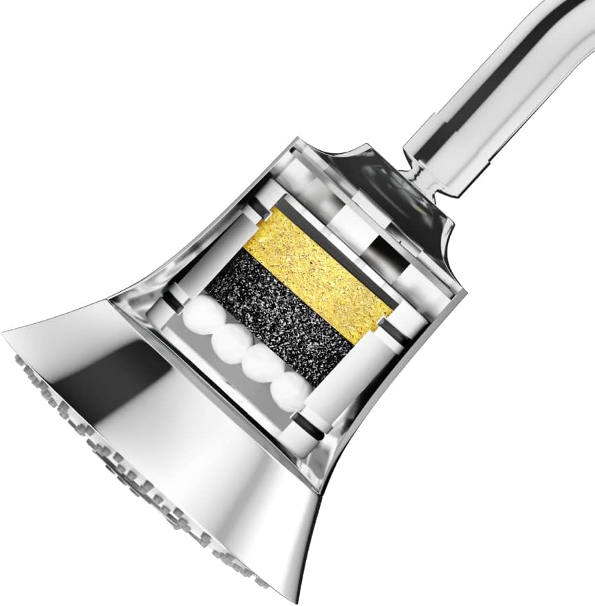 Rain Duet Filter Shower Head - 5-Spray Multifunction Overhead Shower with WATER PURIFIER CARTRIDGE - works best with Hard Water Softener - Wall-mount, Polished Finish, Chrome - 109 mm, ABS