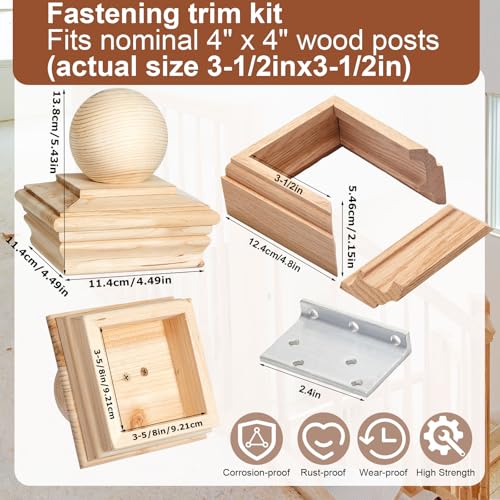 Image of Hosuly 4x4 Wood Newel Post Cap and Mounting Kit, Cedar Finial with Ball Top and L-Bracket Fasteners for Installing Decorative Railings on Stairs, Decks, and Floors