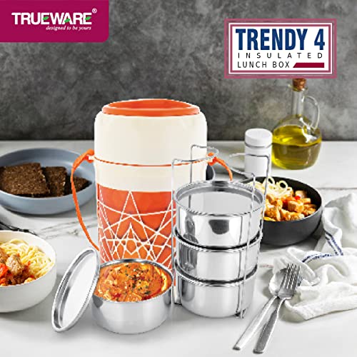 Image of Trueware Trendy 4 Inner Steel Outer Plastic thermoware Lunch Box | 4 Container 300 ML Each-Orange | PU Insulated | Lunch Box | Tiffin | Hot lunch box | Leak Proof | Easy to Carry | Hot & Cold Food Grade| BPA Free | Stainless Steel Dabbi | Office | Outdoors | For Men, Women, and Kids