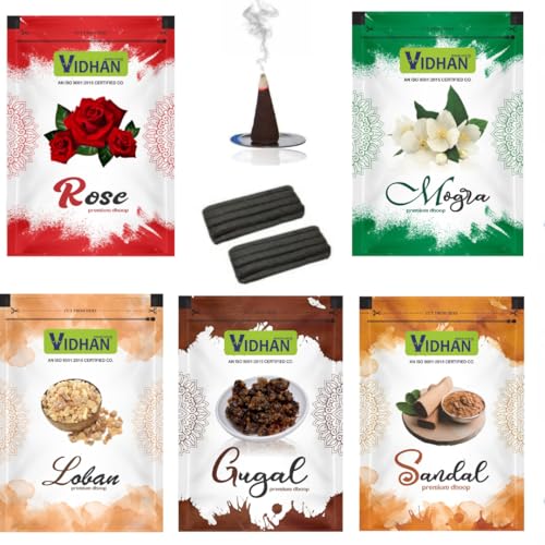 Image of DHOOP Zipper Pouch VIDHAN Wet DHOOP | Herbal | Long Lasting Fragrance for Daily Pooja, Havan, Meditation and Yoga | 20 Sticks in Each Packet Pack of 5 (Rose MOGRA Sandal GUGGAL LOBAN)