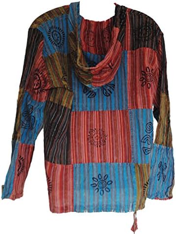 Terrapin Trading Fair Trade Mens Nepal Hippy Patchwork Trippy Cotton Hooded Top / Shirt (X-Large)