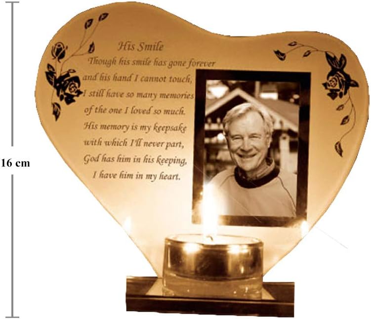 Photo Frame Candle Holder Memorial Plaque Gift with Space to Add a Photograph, Heart-Shaped, Engraved with a Personalised Poem, for Bereavement, Death Anniversary of your Loved Ones (His Smile) - Image 3