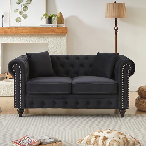 Image of Mid Century Modern Loveseat Sofa, 63.5 inchW Velvet Fabric Button Tufted Small Couch with Nailhead Trim & Roll Armrest, Upholstered Comfy Chesterfield Sofa for Living Room, Office(2 Seater, Dark Black)