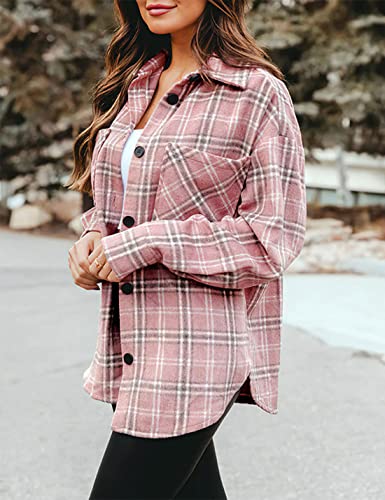 Zontroldy Womens Casual Plaid Shirts Color Block Button Down Long Sleeve Wool Blend Shirt Jacket Shackets Coats3