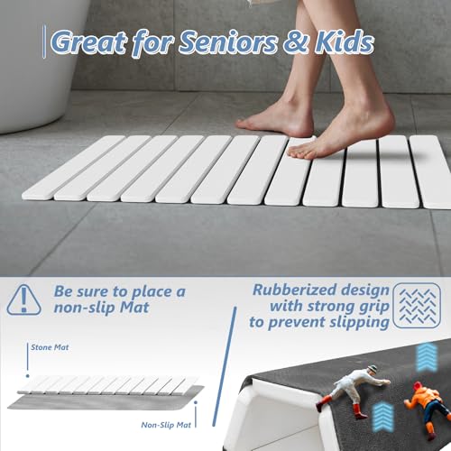 Image of AWW Foldable Stone Bath Mat, Diatomaceous, 31.5 inchx15.7 inch, White | Quick-dry surface, super absorbent, easy-clean finish, non-slip mat included, and compact storage for small bathrooms