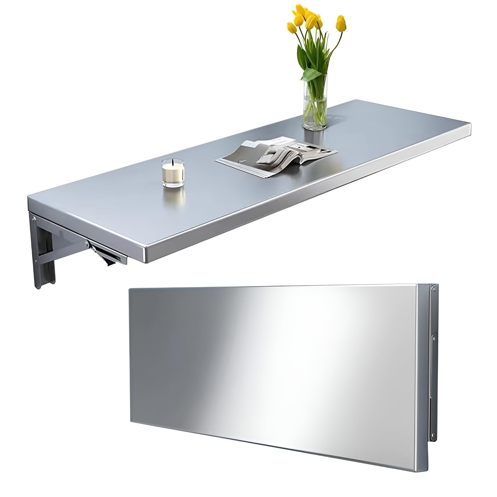 Stainless Steel Wall Mounted Folding Floating Table with Metal Brackets Fold Down Desk for Laundry Room 90 * 40cm