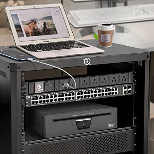 RIVECO PDU 6 tomas con 2 puertos USB, Multitoma de rack flexible para gabinete de servidor 19", con protector contra sobretensiones para dispositivos de red y audio, 1U Negro miniatura 5