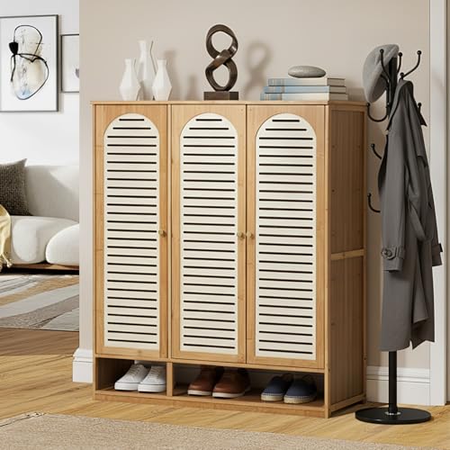 Oikiture Shoe Storage Cabinet – Stylish Bamboo Cupboard with 3 Doors, Ideal for Hallways and Bedrooms