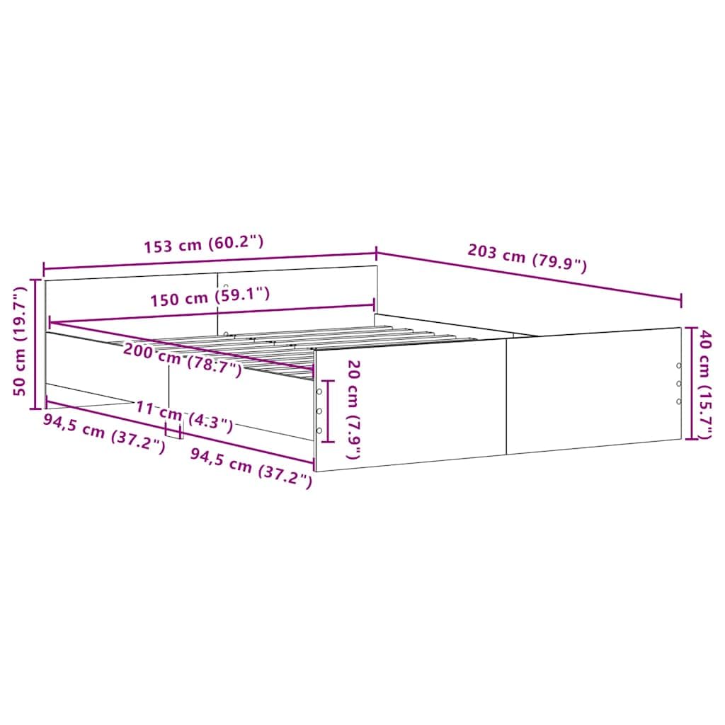 Estructura de Cama sin colchón 150x200 cm Roble Negro con cabecero y Estribo, Soporte para colchón, Base de Madera de ingeniería, Ideal para dormitorios Juveniles y Adultos