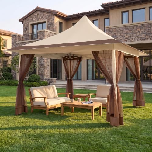 Image of COBIZI 12x12 Pop Up Gazebo with Mosquito Netting,Peaked Roof Canopy,Khaki
