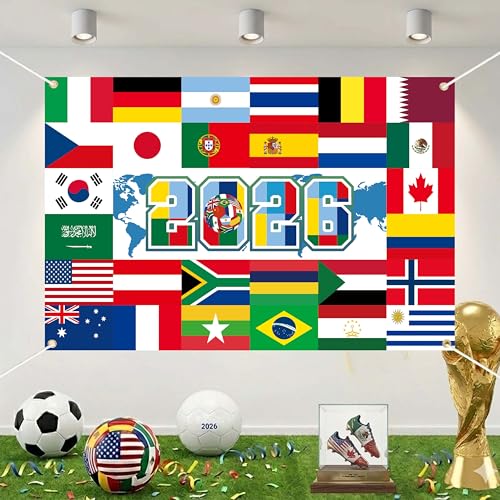 2026 International Football Tournament Backdrop 59x39 Inch Global Flags Soccer Theme Party Decorations Large Fabric Football Celebration Background with 10M Ribbon for Sports Event Photo Booth