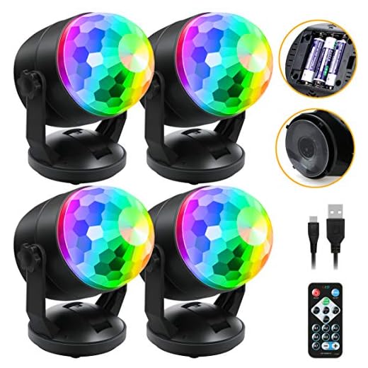 [4-Pack] Sound Activated Party Lights with Remote Control, Battery Powered/USB Portable RBG Disco Ball Light, Dj Lighting, Strobe Lamp 7 Modes Stage Party Supplies for Home Room Dance Parties Karaoke