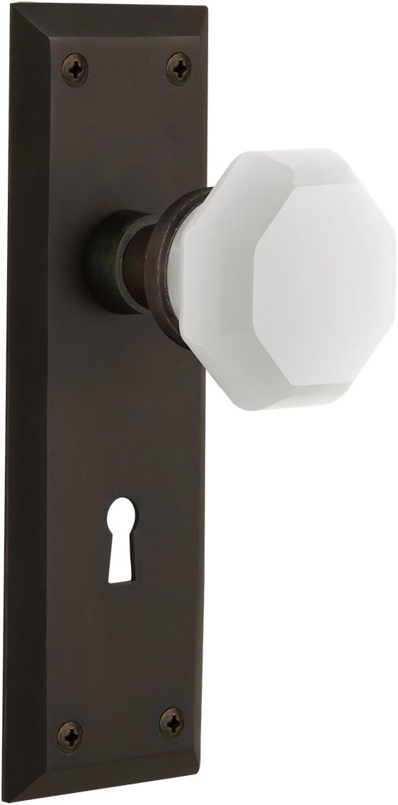 Nostalgic Warehouse 748684 New York Plate with Keyhole Waldorf White Milk Glass Knob, Single Dummy, Unlacquered Brass