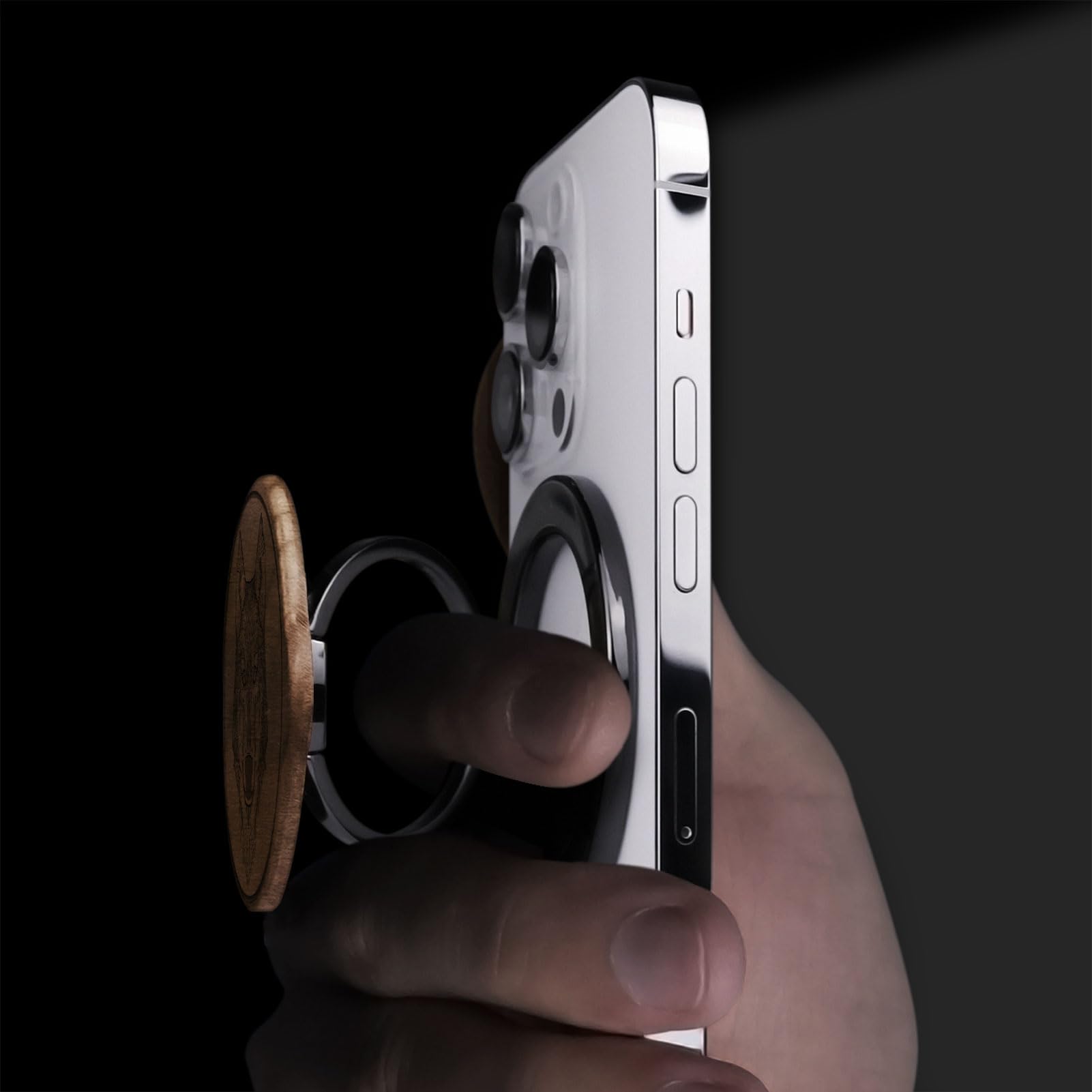 Supporto Magnetico Per Telefono Plehood, Anello Ultra Sottile In Alluminio Con Cinturino In TPU, Compatibile Con IPhone 16/15/14/13/12 (Magsafe), Colore Legno Di Noce - 4