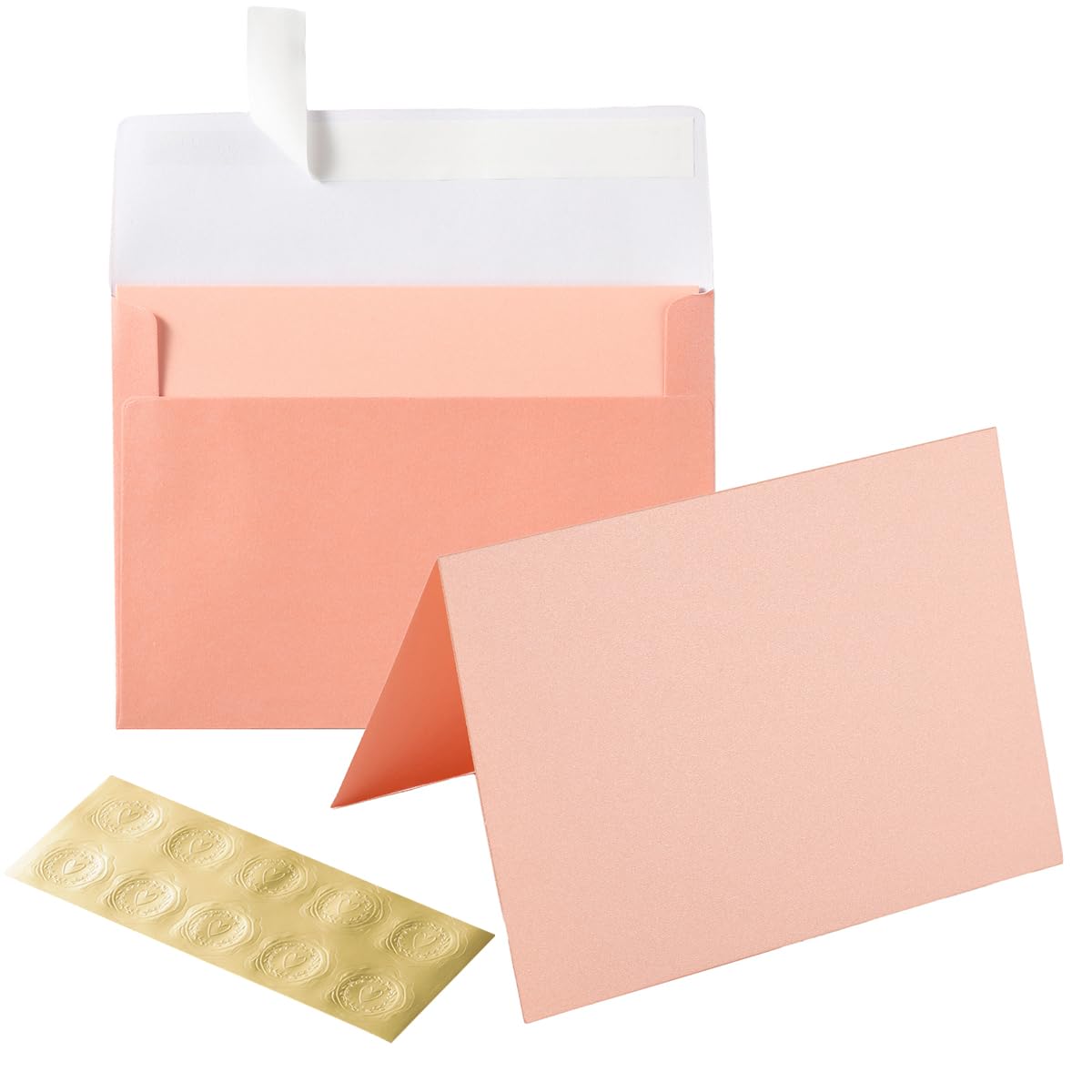 Wishop 50 Pack Shiny Self-Adhesive Envelopes with Shiny Fold Cards for Wedding Invitations, Greeting Cards, Baby Shower, Letter Mailing (Pink, 5x7)
