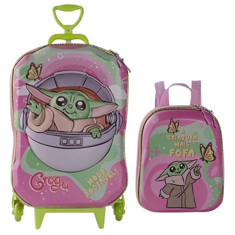KIT MOCHILA DE RODAS + MOCHILA DE COSTAS STAR WARS GROGU ROSA