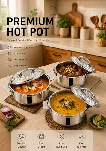 Image of Premium Stainless Steel Hot Pot Set of 3 with Lid Handle | Insulated Casserole Set for Roti, Rice, Curry & Biryani | 1L + 1.5L + 2.5L