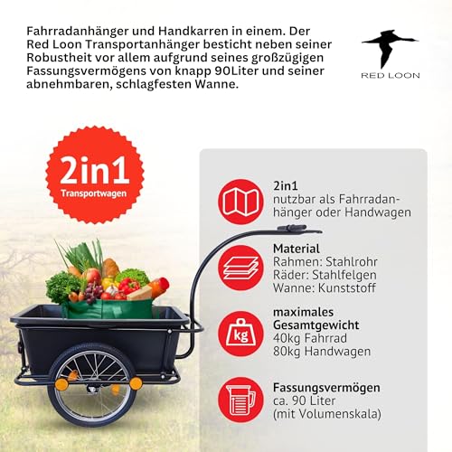 2in1 Fahrradanhänger Lastenanhänger Transportwagen Handwagen - Red Loon Transportanhänger BAC409 - abnehmbare 90 Liter Wanne - max. 80kg - Anhänger für 26-28' Fahrräder - Bollerwagen Handkarren