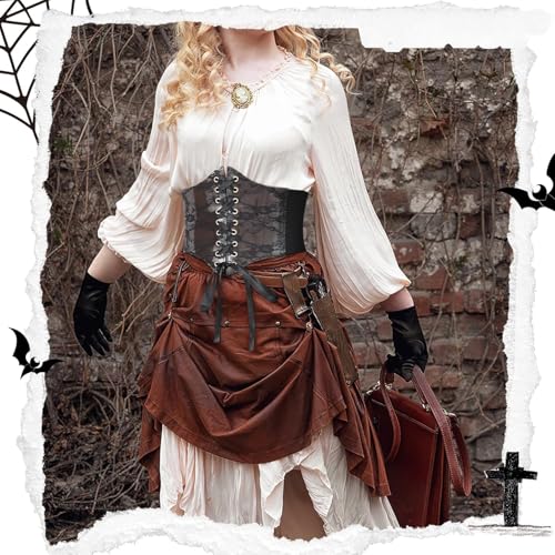Women's Costume Wide Lace up Genuine Leather Corset Waist Belt, Elastic Corset Belt2