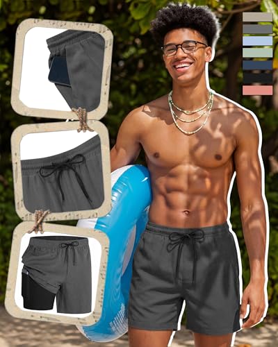 Image of August Alley Men's Linen Shorts with Liner Summer 5 Inch Casual Elastic Waist Drawstring 2 in 1 Beach Shorts with Pockets