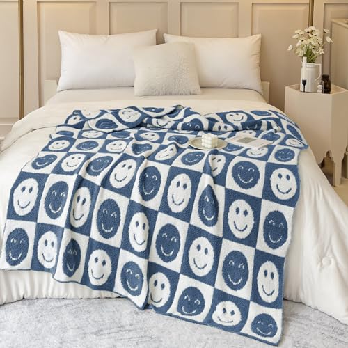 Image of Ultra Soft Cozy Happy Smiling Face Checkered Knitted Throw Blanket Fluffy Microfiber Checkerboard Bed Blanket Lightweight Both Sides Blanket for Couch Sofa Bed (Smile Blue, Throw 50 inchx60 inch)
