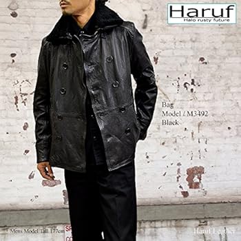 Amazon | [ハルフ] レザーピーコート レザーコート メンズ 本革