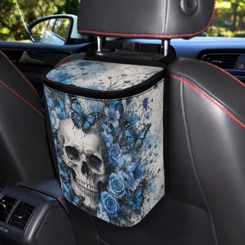 Image of Talayituse Blue Rose Skull Butterfly Print Car Trash Can Portable Auto Garbage Bin Multifunctional Vehicle Interior Accessories with Adjustable Straps Universal Fit Truck SUV Sedan