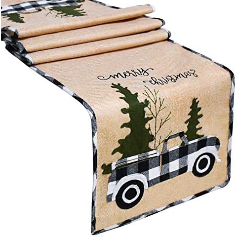 Senneny Burlap Christmas Table Runner, Embroidered Merry Christmas, Red Truck Tree Rustic Christmas Table Runner for Christmas Holiday Birthday Party Table Home Decoration, 14 x 72 Inch (White) Cover