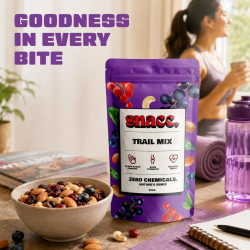 Image of Snacc Mix Trail | Dry Fruits and Mix Nuts| Almond, Cashew, Bluenerries, Pumkin Seed, Blackcurrants | Iodized Salt | Healthy Snacking (200 g, Pack of 4)