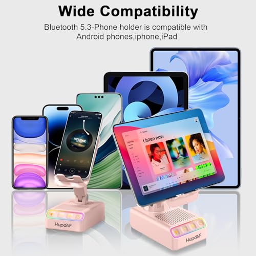 Image of 2026 Gifts for Mom Dad, Adjustable Cell Phone Stand with Wireless Induction Bluetooth Speaker, HD Surround Sound & RGB Rhythm Lights, Foldable Portable Stand for Desk, Kitchen Counter, Home Office