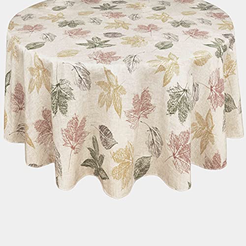 Newbridge Stamped Abstract Autumn Leaves Print Vinyl Flannel Backed Tablecloth - Contemporary Fall Leaf Design Wipe Clean Easy Care Thanksgiving Tablecloth, 70” Round #TOP20