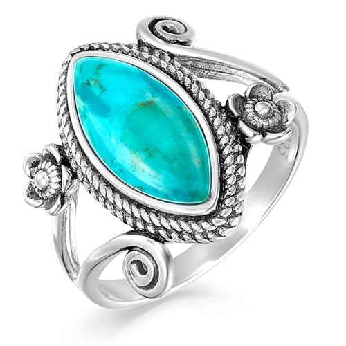 AVECON Turquoise Rings for Women 925 Sterling Silver Ring Boho Vintage Gemstone Rings with 15 * 7mm Marquise Cut Turquoise Stackable Statement Rings for Women Birthday Jewelry Gift Size 6