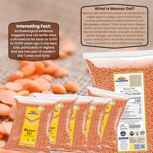 Image of Rani Masoor Dal (Indian Red Lentils) Split Gram 128oz (8lbs) 3.63kg x Pack of 5 (Total 40lbs) Bulk ~ All Natural | Gluten Friendly | NON-GMO | Kosher | Vegan | Indian Origin