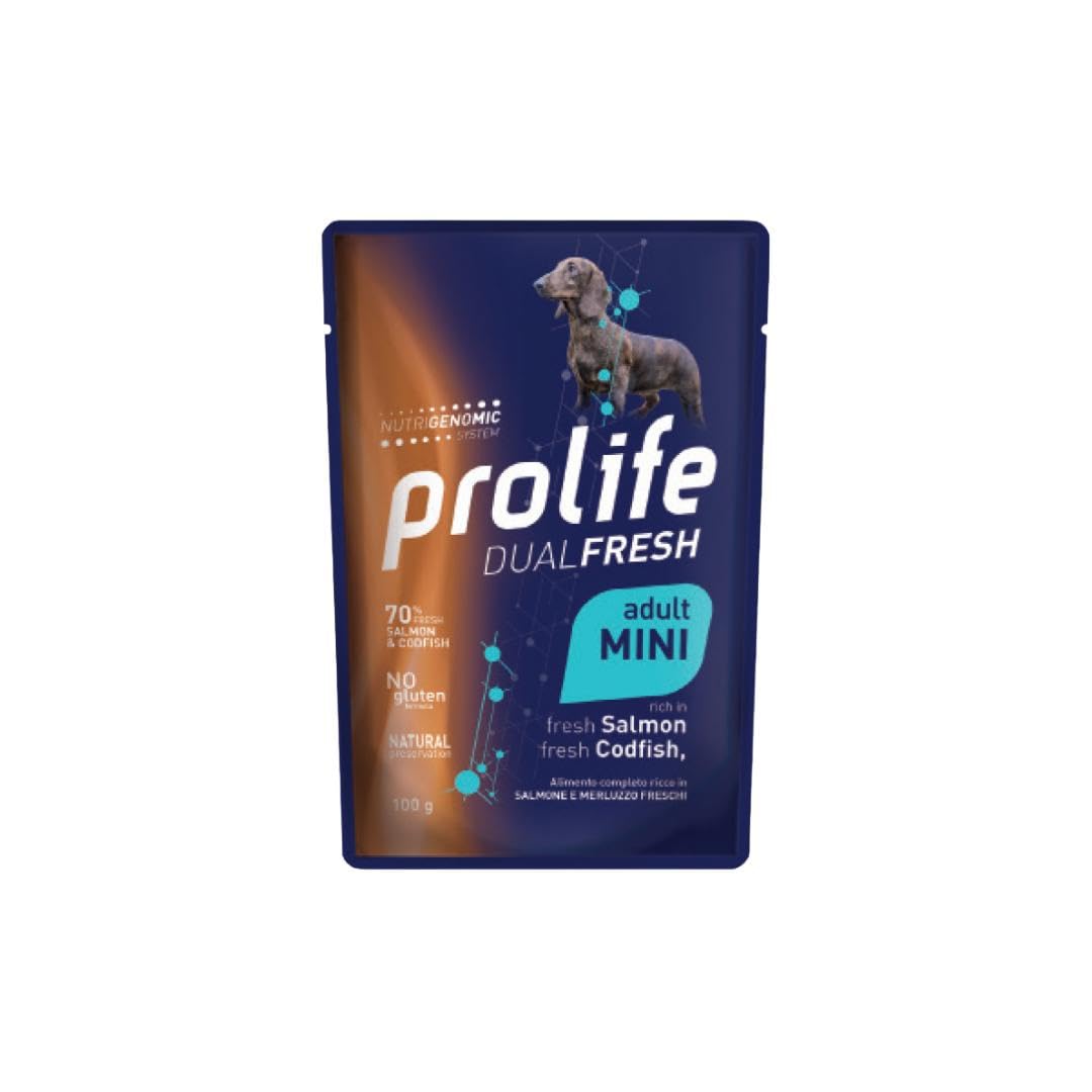 Prolife Umido Cane Dualfresh Adult Salmone e Merluzzo, alimento completo per cani adulti di tutte le taglie,gusto Salmone e Merluzzo | 12 bustine da 100 grammi l’una.