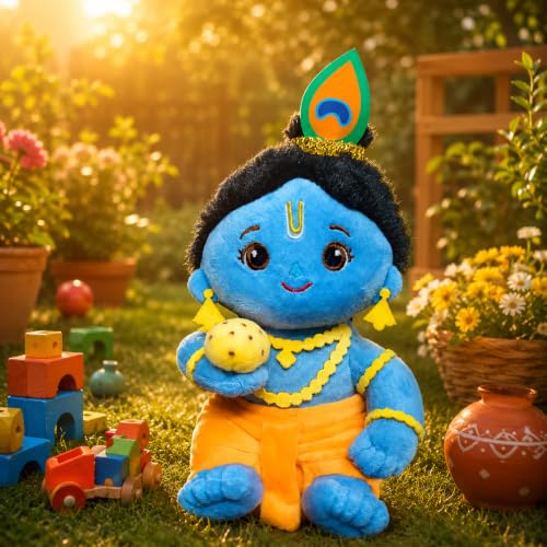 Image of AVSHUB Baby Laddu Gopal Krishna Plush Soft Toy with Mantra Chanting Music | Cute Bal Krishna Stuffed Doll with Laddu | Religious Gift for Kids, Janmashtami & Home Decor (Multicolor, 20 cm)