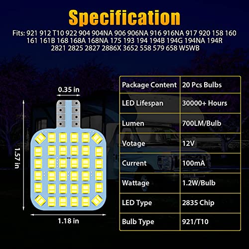 Linkstyle 20Pcs 921 Rv Interior Led Light Bulbs, Super Bright T10 922 912 194 Led Bulbs Replacement 36 Smd 6000K For 12V Rv Camper Trailer Boat Car Marine Ceiling Indoor Light Dome Light, White #TOP2