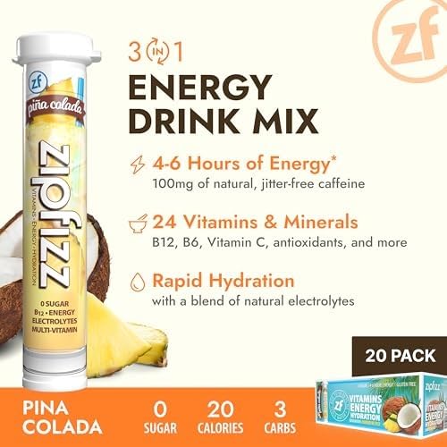Image of Zipfizz Daily Energy Drink Powder, Pina Colada, 20 Pack | 3-in-1 Sustained Energy, Rapid Hydration, and Essential Vitamins | Sugar-Free | Electrolyte Powder | Contains Vitamin B-12 & Antioxidants