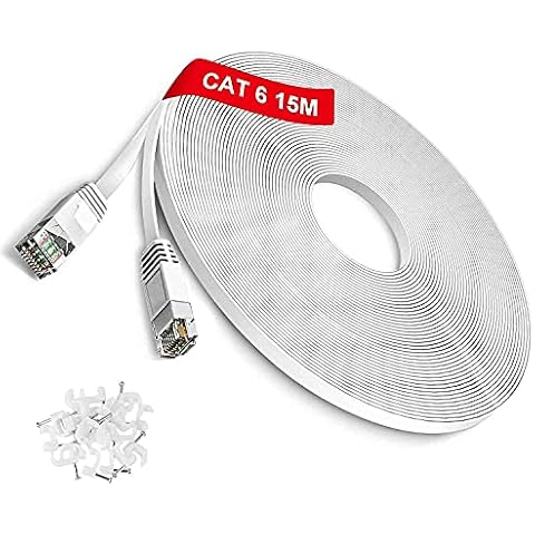 TBMax Flat Ethernet Cable 15m Long, Cat6 Ethernet Network Cable RJ45 High Speed Gigabit Lan Cable UTP Internet Patch Cable Compatible with Cat5 Cat5e Cat7 for Modem,Router,PS5,Game Console, White Cover