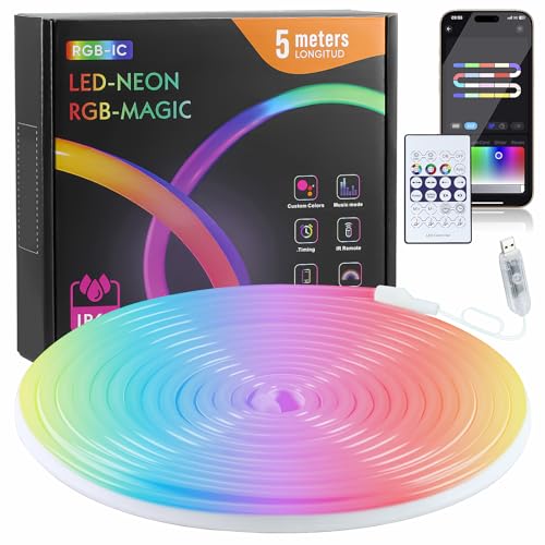 Neonowa taśma LED 5 m, 5 V RGB z IC LED, wodoszczelna, elastyczna neonowa linka świetlna z portem USB, kontrolerem, aplikacją, inteligentne sterowanie do sypialni, salonu i dekoracji na zewnątrz